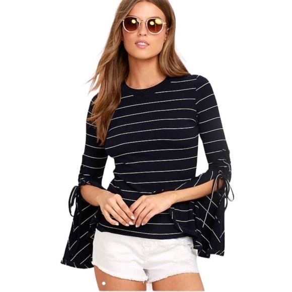 Lulus - Found My Mate Navy Blue Striped Lace-Up Top - Picture 1 of 10